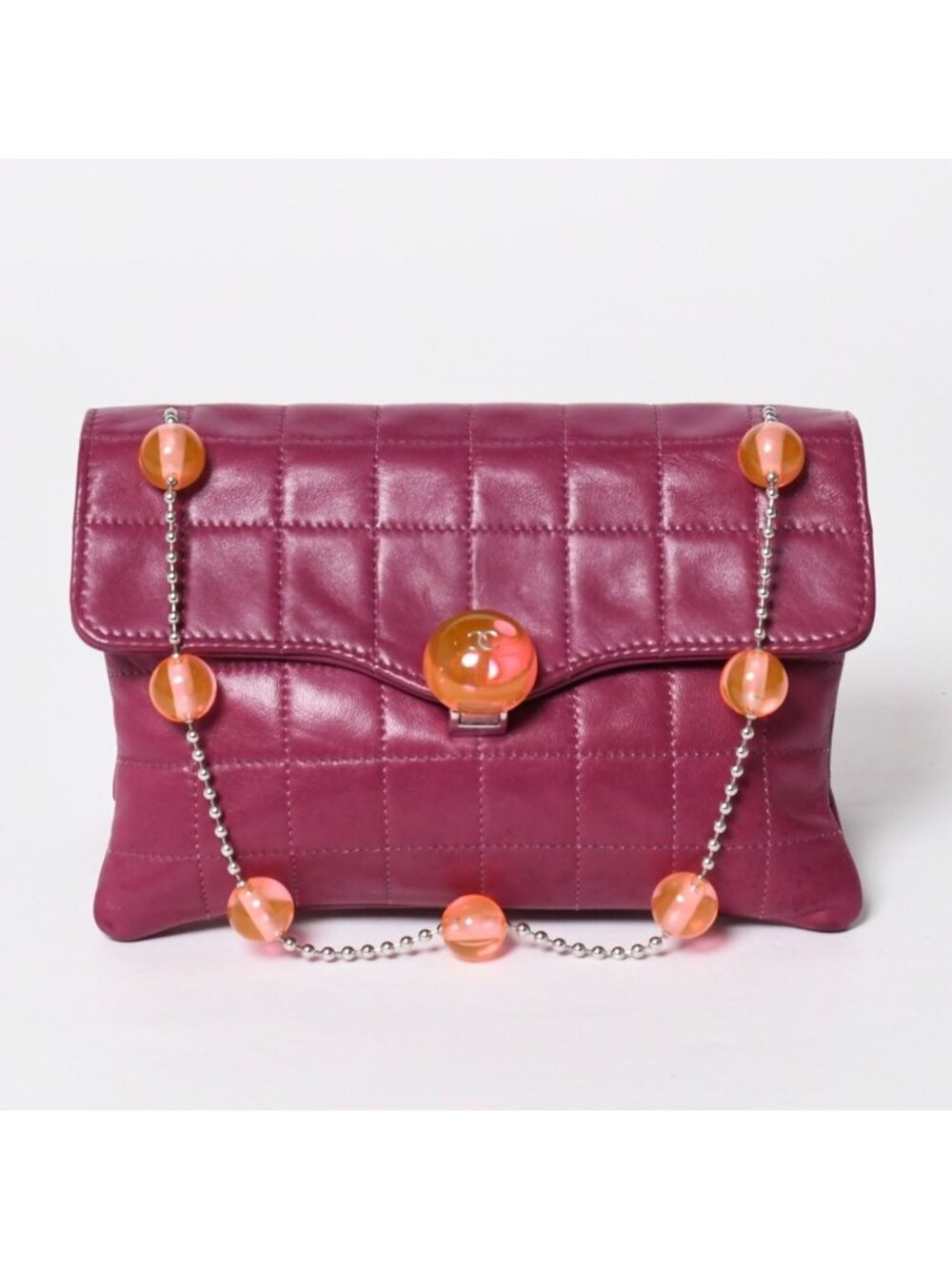 Chanel Choco Bar Ball Chain Shoulder Bag CC Logo Lambskin Pink Silver
